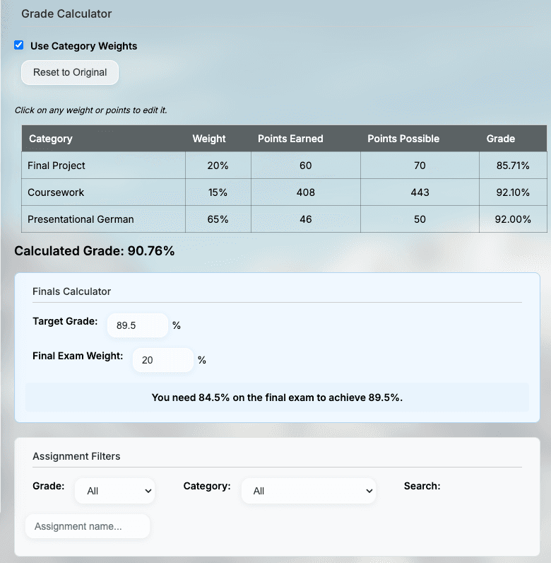 PowerSchool Grade Calculator Extension showing weighted GPA calculation and final grade requirements on PowerSchool grades page